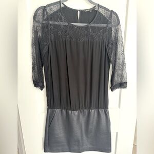 Maje Black Silk Drop Waisted Mini Dress with Laced Sleevess